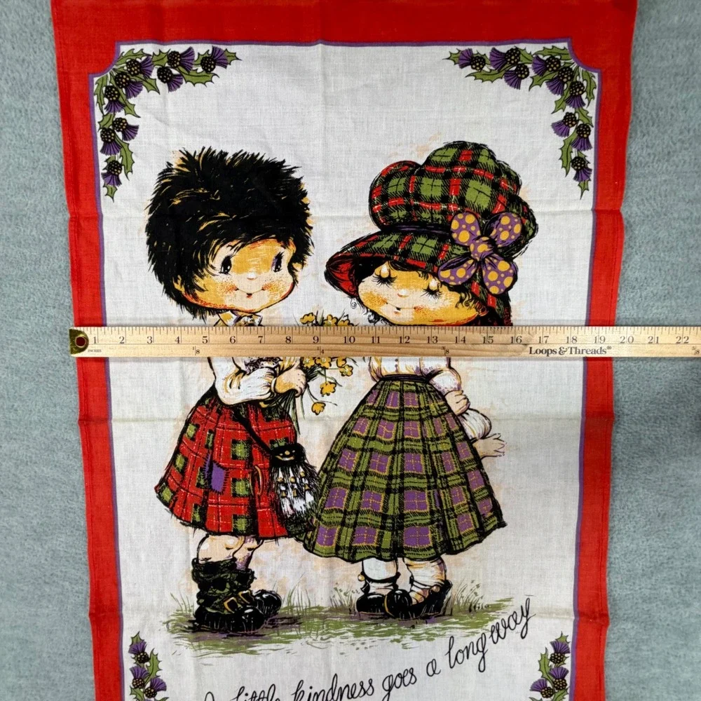 Vintage Vista Tea Towel Red Scottish Kindness Cotton Made in Britain MCM 1970 's